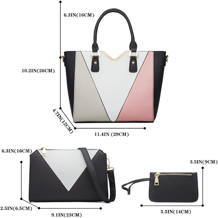 NICOLE & DORIS Women Handbags Fashion Colour Block Shoulder Bag Large Tote Bags Crossbody Bag Clutch Bags 4-in-1 Set Bag
